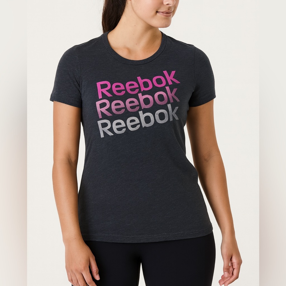 Reebok Women's Black Tee with Pink and Gray Logo